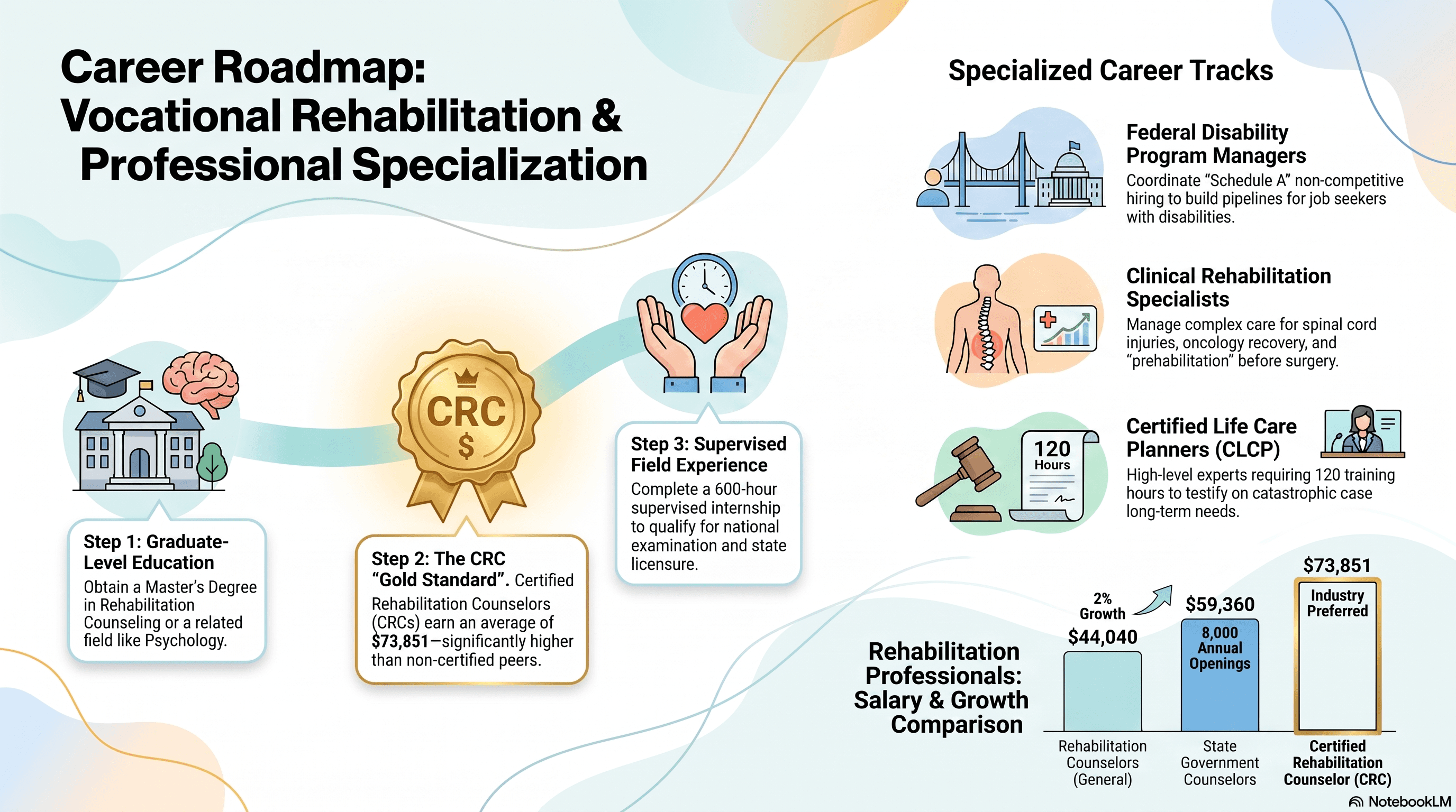 Career roadmap for vocational rehabilitation: graduate-level education, the CRC certification, a 600-hour supervised field experience, specialized tracks, and a salary comparison from $44,040 for general counselors to $73,851 for CRCs.