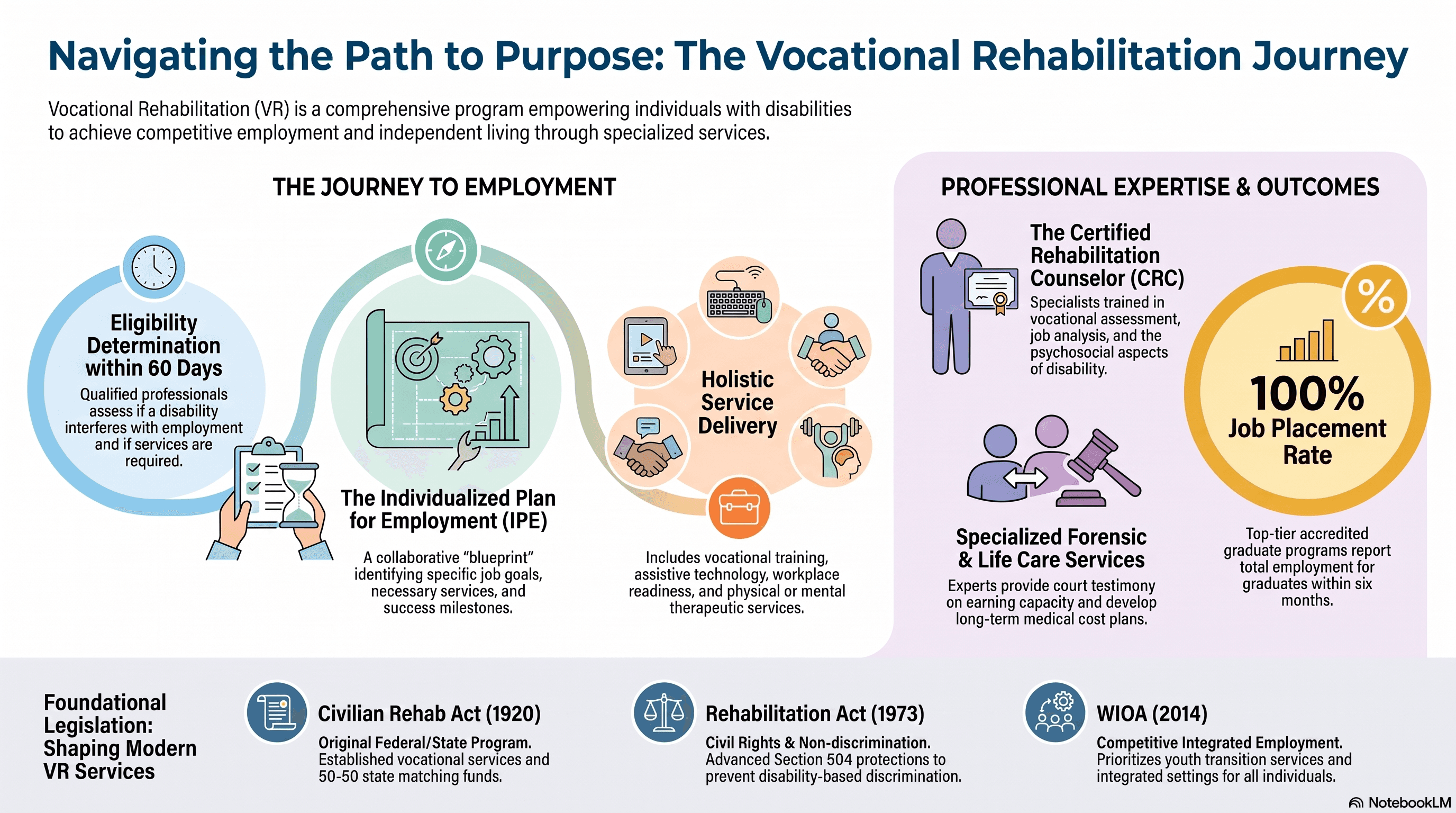 The vocational rehabilitation journey: eligibility determination within 60 days, the Individualized Plan for Employment, holistic service delivery, the Certified Rehabilitation Counselor role, and foundational legislation (1920 Civilian Rehab Act, 1973 Rehabilitation Act, 2014 WIOA).