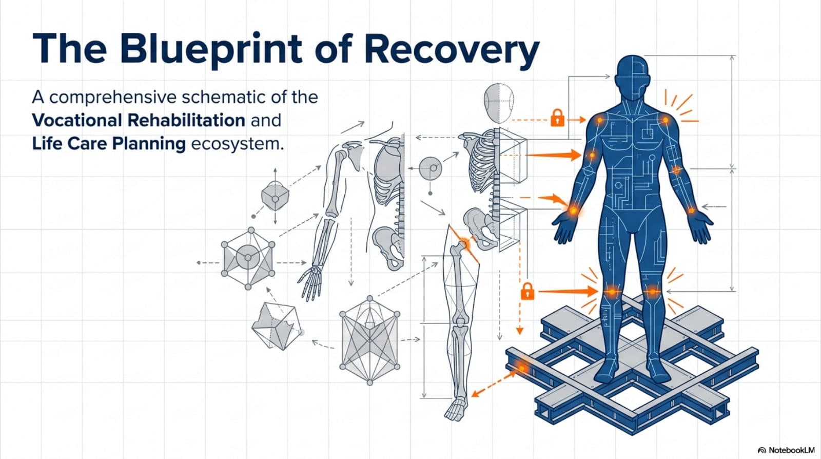 Cover: a comprehensive schematic of the vocational rehabilitation and life care planning ecosystem, drawn as an engineering blueprint of the human body.