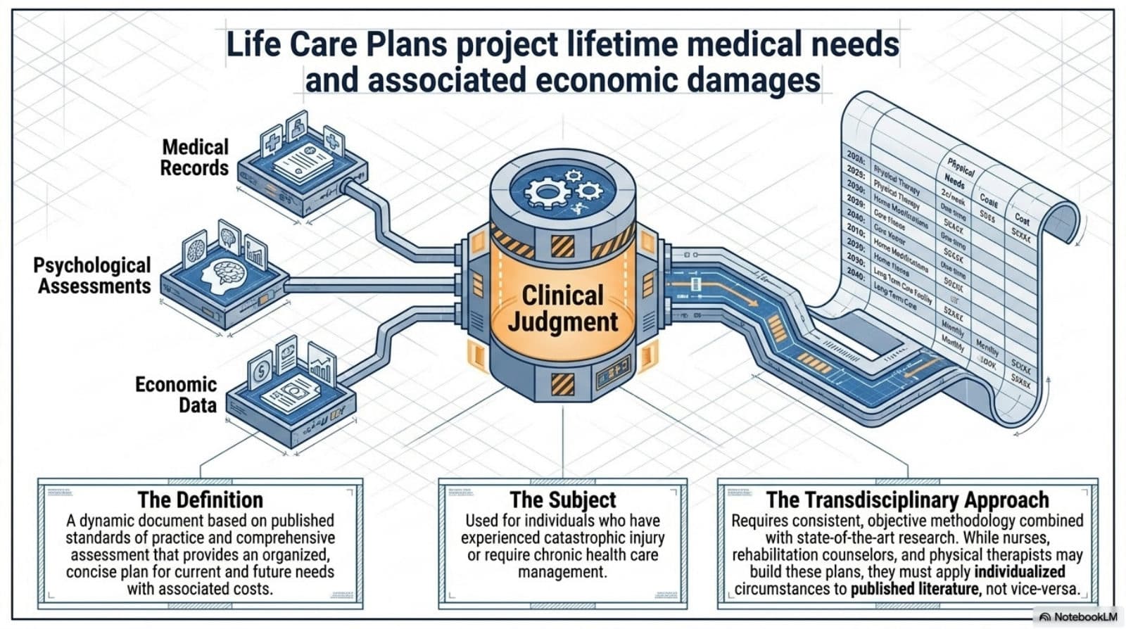 Life care planning: medical records, psychological assessments, and economic data flow through clinical judgment into a lifetime needs-and-costs plan.
